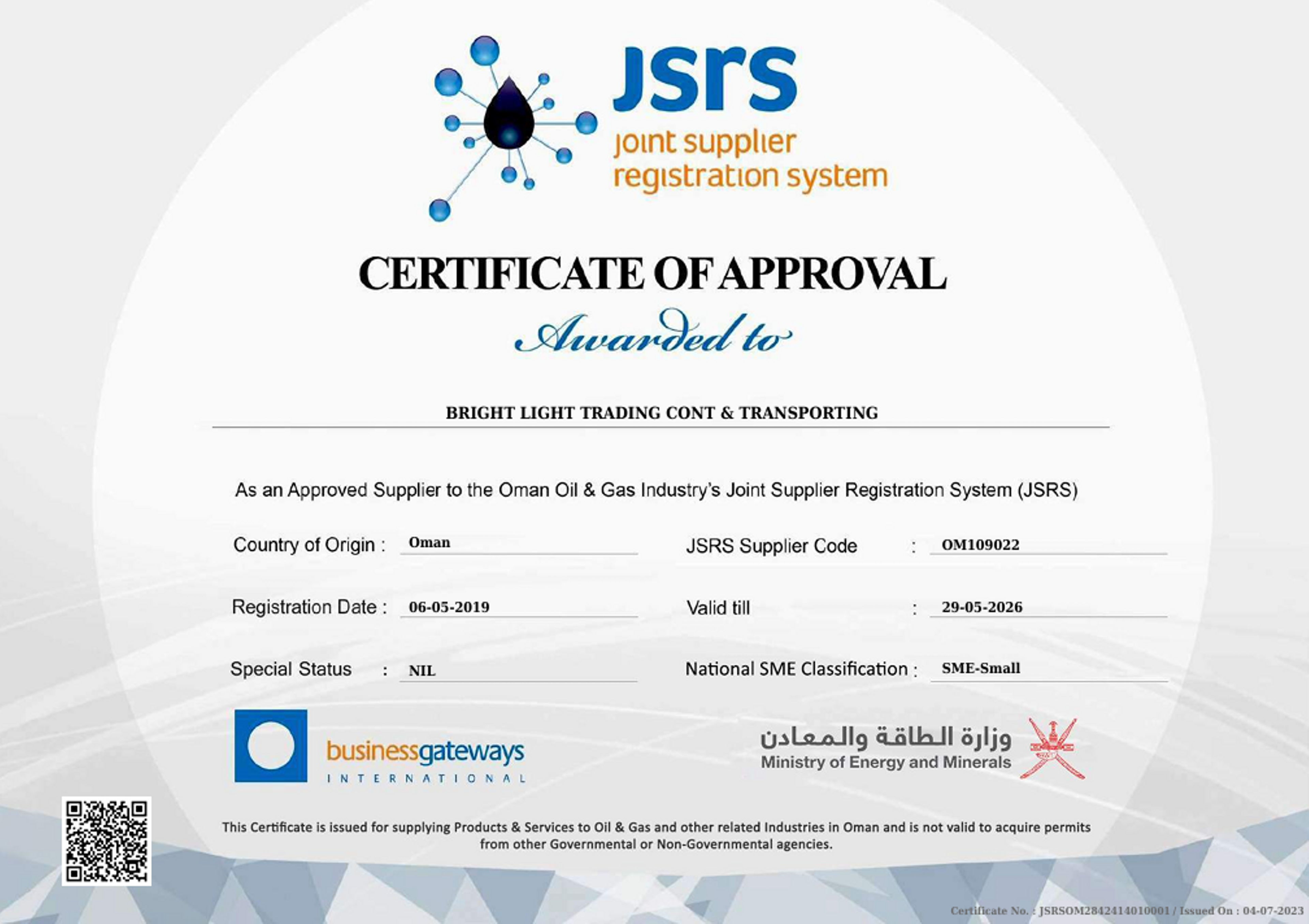 Bright Light Heavy Lift Joint Supplier Registration System (JSRC) Certificate of Approval